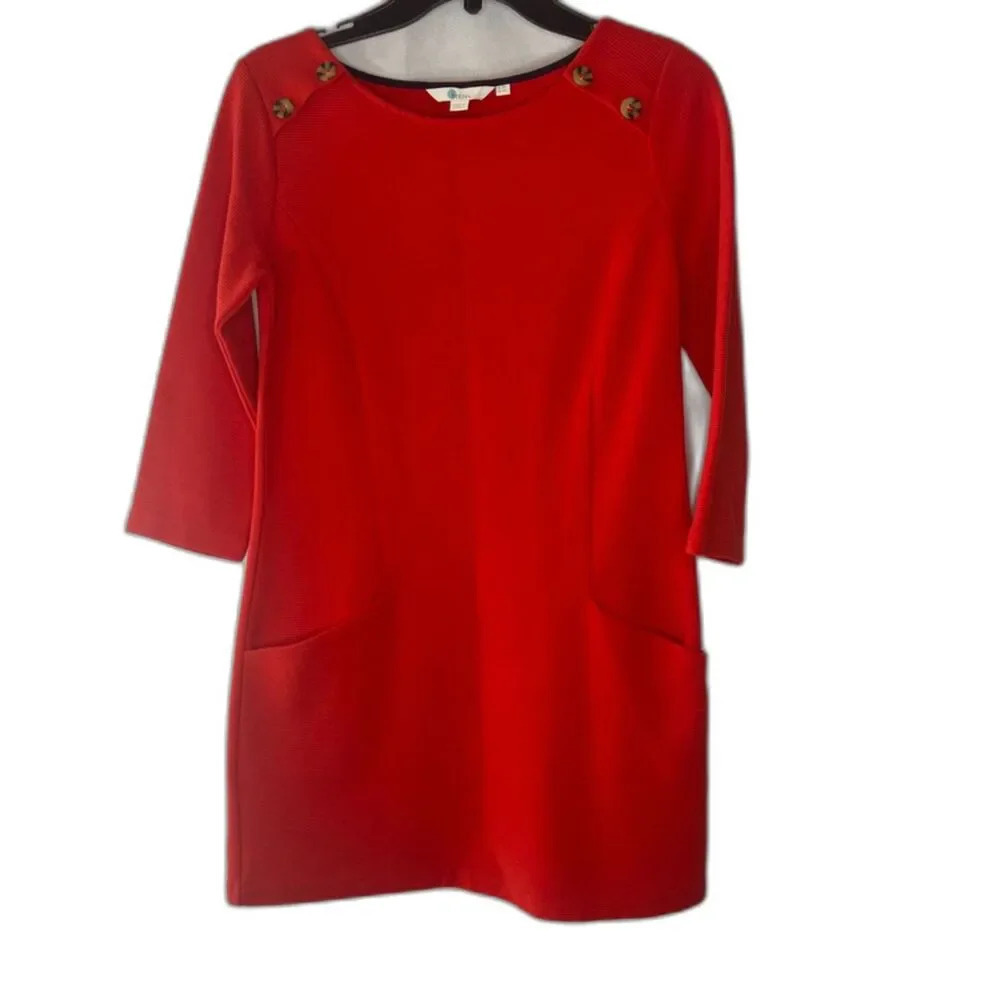 Boden Red 3/4 Sleeve Ribbed Dress with Shoulder Buttons and‎ Pockets Size 4R